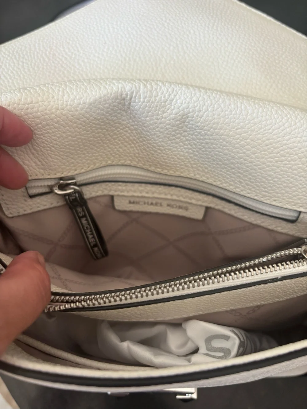 Michael Kors White and Black Pebbled Leather Shoulder Bag with Logo Strap